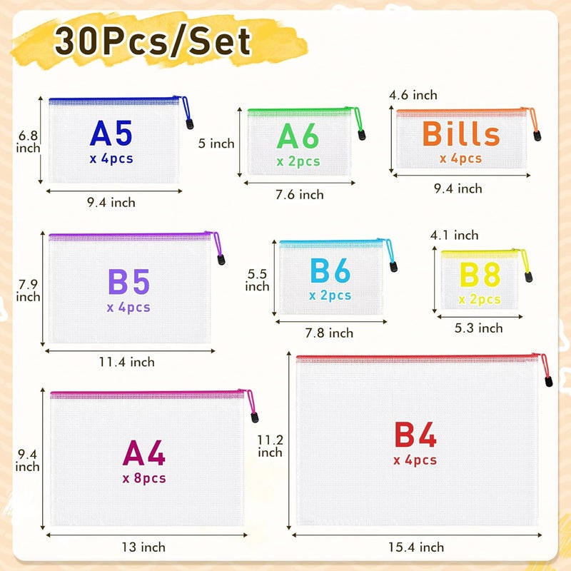PAPEJOON 30pcs Mesh Zipper Pouch Bags, 8 Sizes Plastic Zippered Storage Bags for Organizing, Clear Pouches with Zipper, Waterproof Mesh Pouch for Office School Supplies, Home Organize, Travel Storage - Image 2